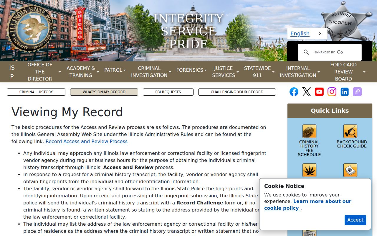 Illinois State Police Access and Review instructions for a personal criminal transcript